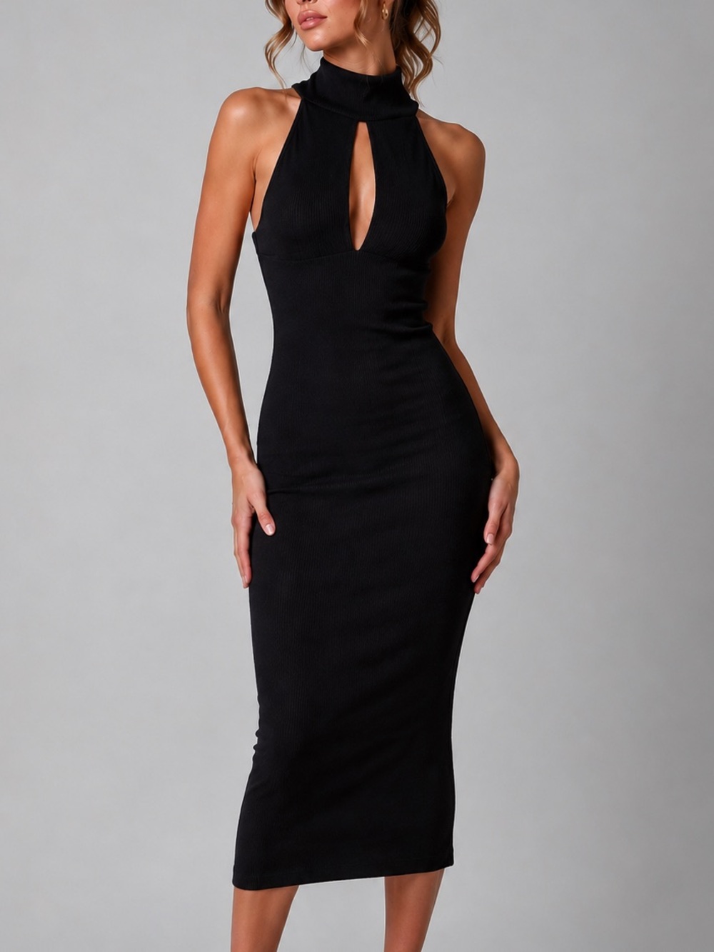 🆕🖤 ALIX NYC Milla Black Ribbed Halter Cutout Bodycon Midi Dress Size L Revolve